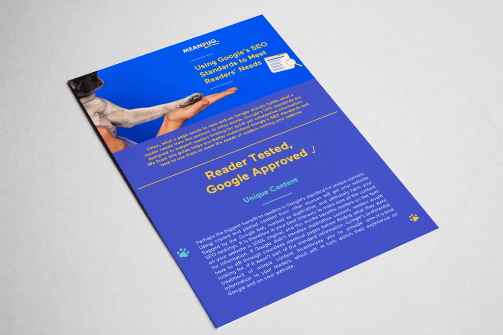 A flyer titled Reader Tested, Google Approved features a human hand shaking a dogs paw at the top, with text about using Google’s SEO standards to meet reader needs on a blue background.