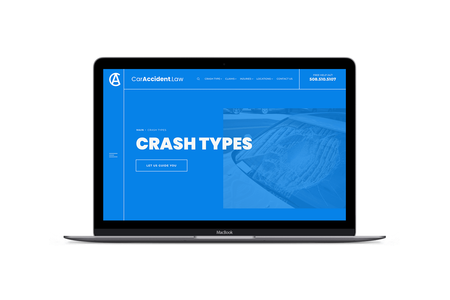 A laptop displays a website for Car Accident Law with a blue-themed design. The screen shows the heading Crash Types and a photo of a damaged car window, along with a button labeled Let us guide you.