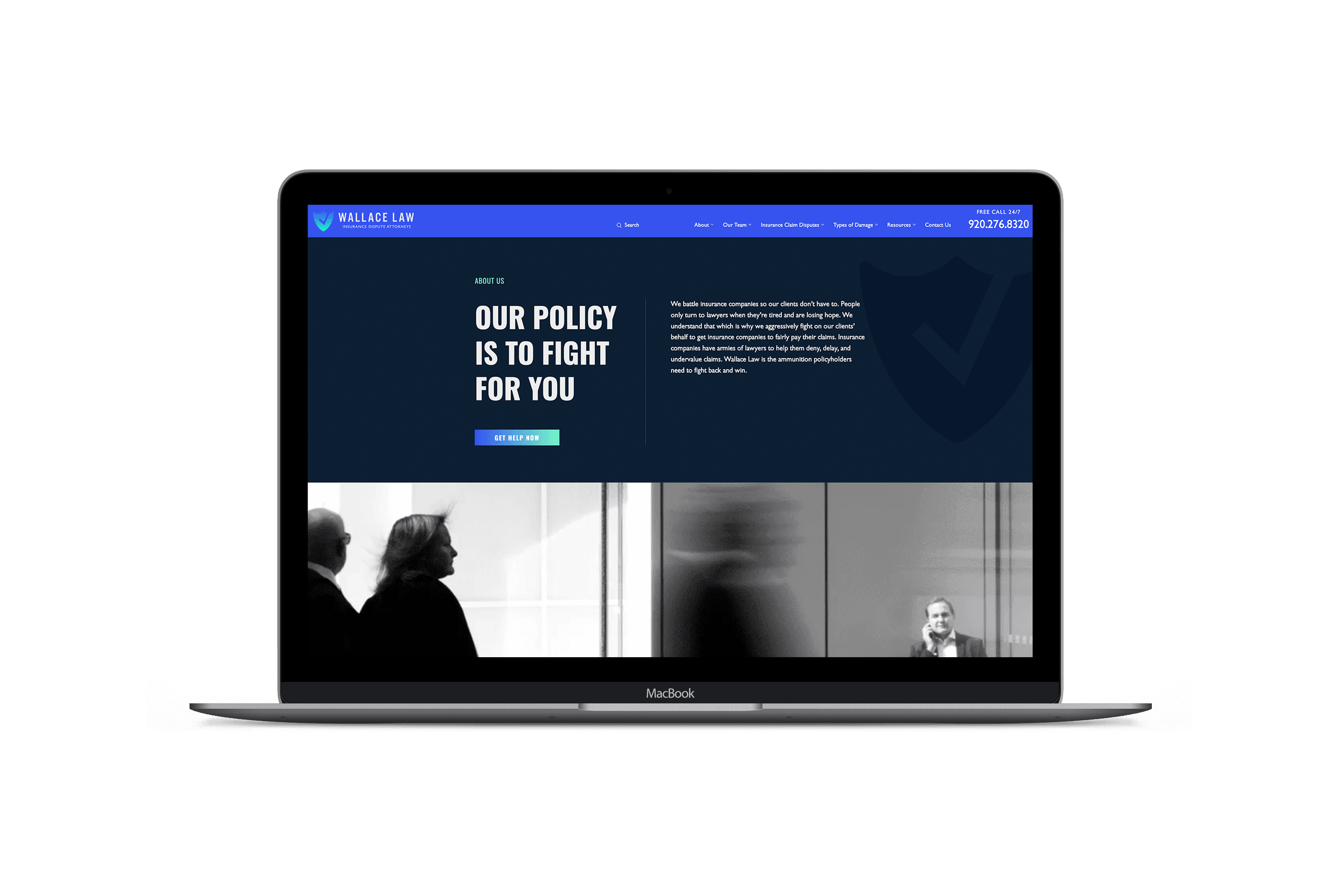 A MacBook displays a All website with the headline Our policy is to fight for you on a dark blue background, navigation links at the top, and black-and-white images of people along the bottom.