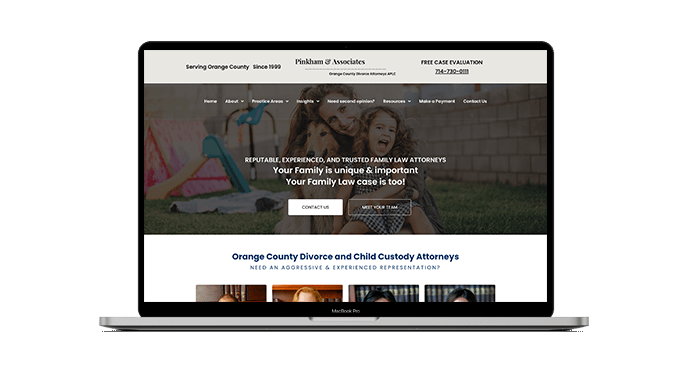 A laptop displays a family All website featuring a woman and young girl smiling with a dog, and text about divorce, child custody, and family law services in Orange County.