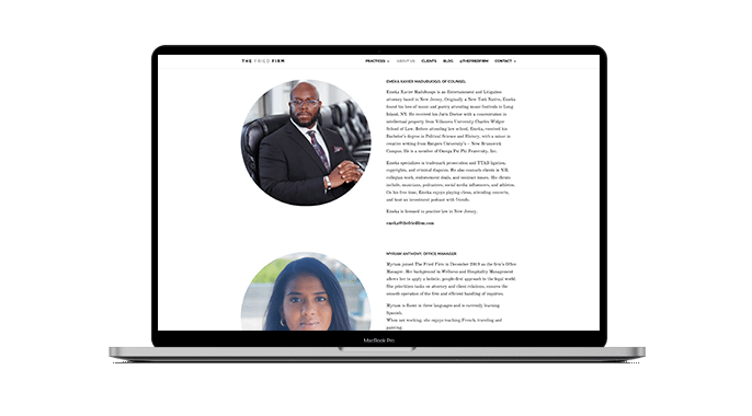 A MacBook Pro displays a All team page featuring profile photos and bios of two professionals, one man in a suit and one woman with dark hair, against a white background.