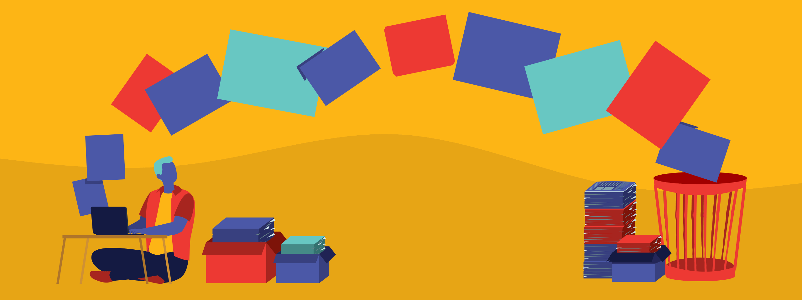 A series of emails is depicted leaving a computer and floating into a wastepaper basket